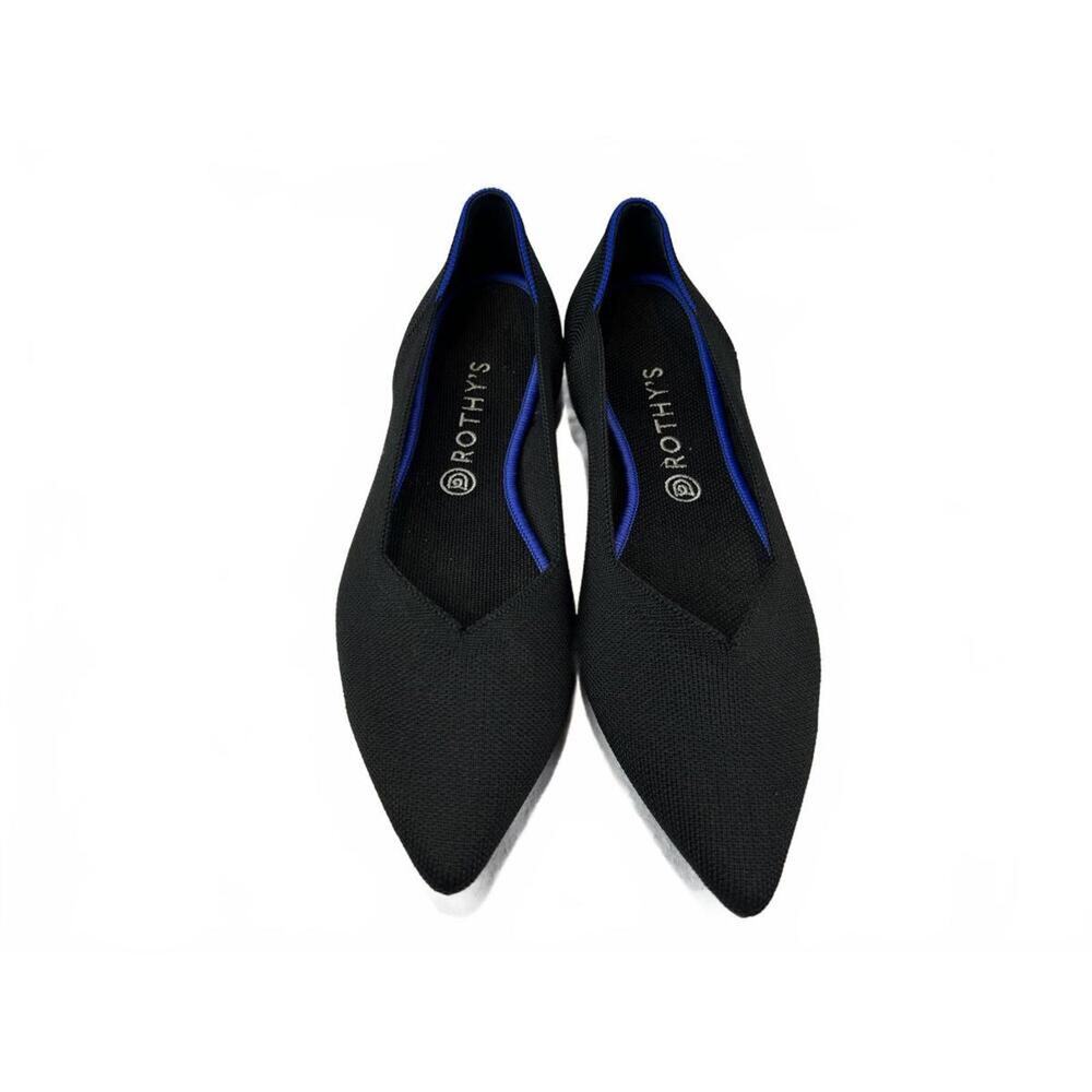 Rothy's Black Pointed Flats with Navy Blue Trim